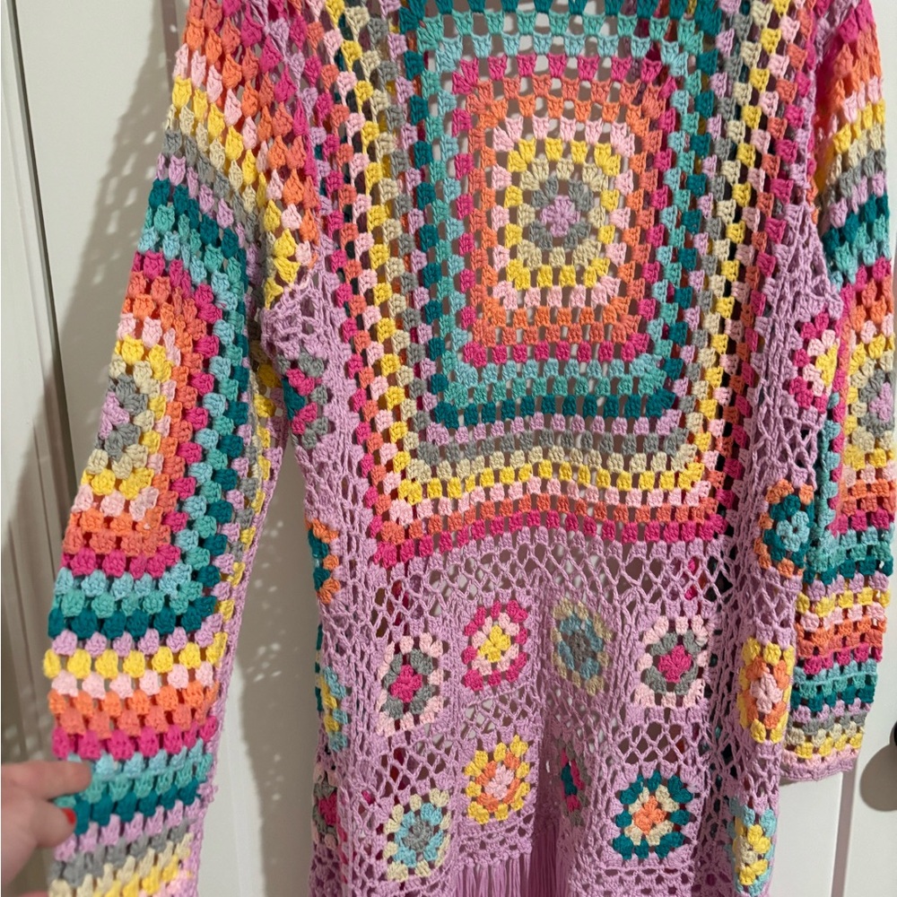 Dreamers by Debut granny Crochet Open-Front Fringe Cardigan Sweater - Multicolor - Picture 4 of 6